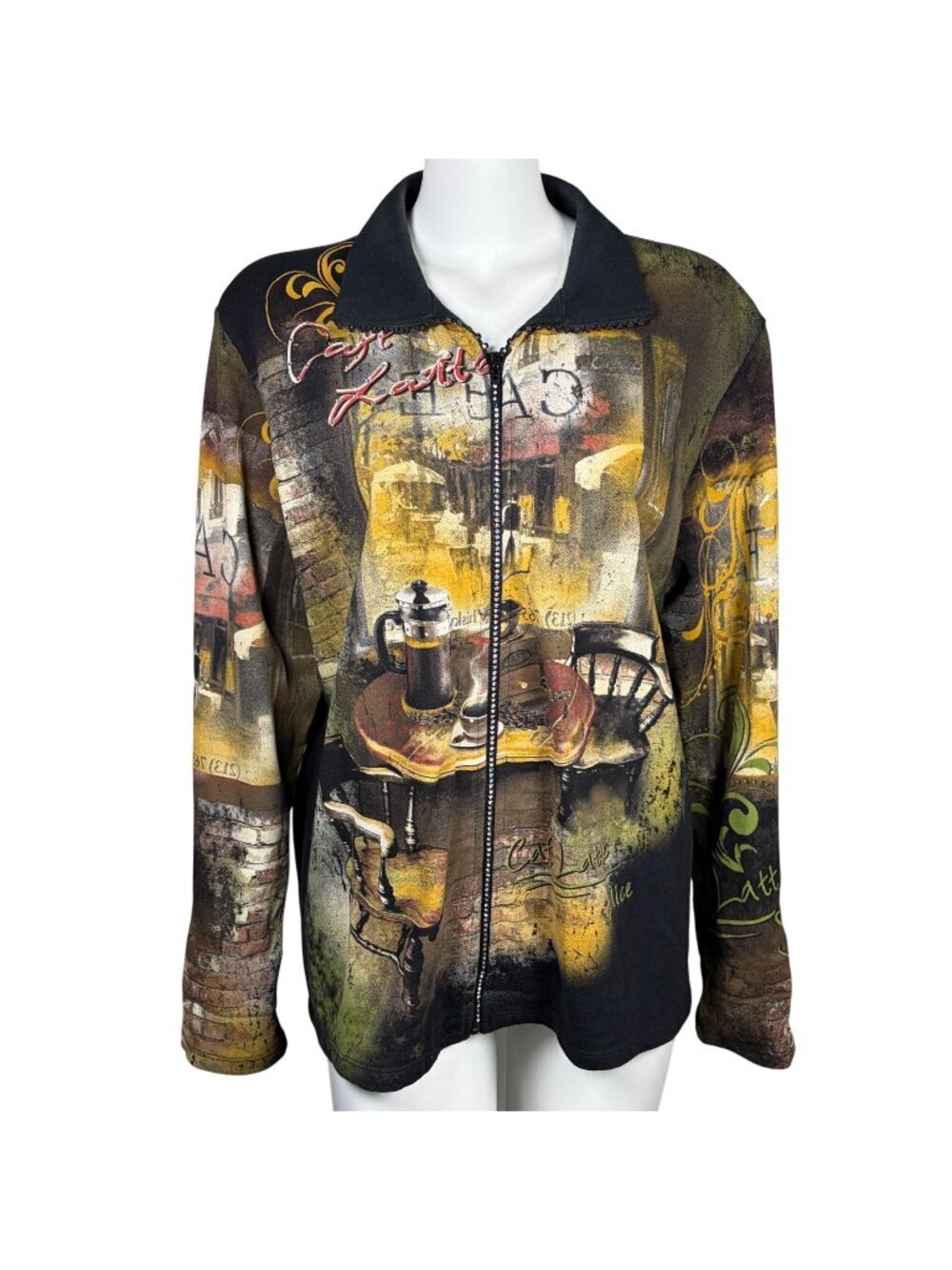 Jess & Jane Full Zip Jacket Size 1X Cafe Latte Coffee Shop Rhinestones Full Zip